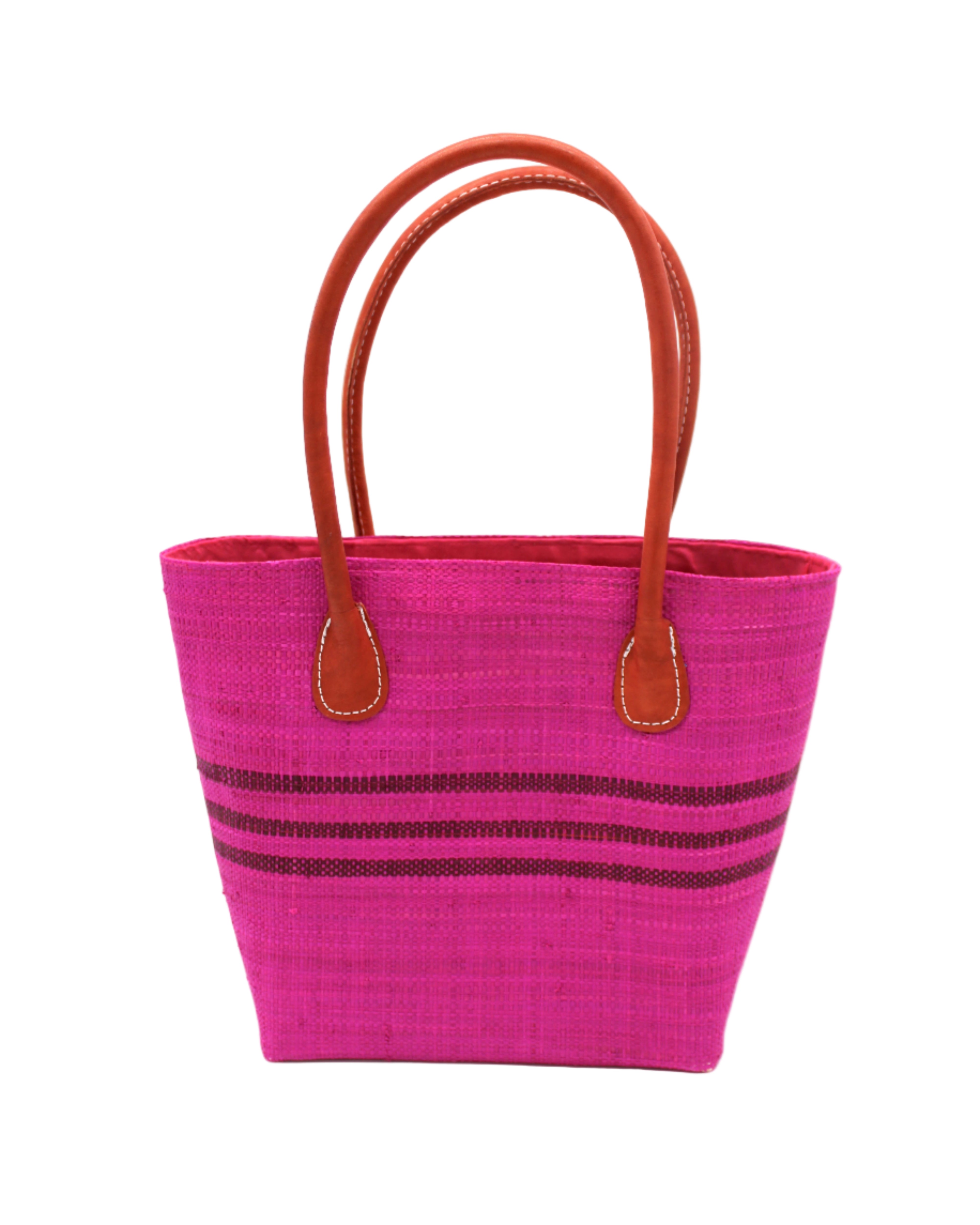 Raja Racing Stripe Straw Basket Bag handmade loomed natural raffia palm fiber in a two tone multicolor design of Fuchsia hot/bright/barbie/pink color with three horizontal bands of Umberwine bordeaux/claret/dark/purple/red creating a racing stripe pattern placed under the base of the handles a third down the height of the bag - Shebobo