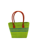 Raja Racing Stripe Straw Basket Bag handmade loomed natural raffia palm fiber in a two tone multicolor design of Midori lime/bright/neon/green color with three horizontal bands of Turquoise blue/green creating a racing stripe pattern placed under the base of the handles a third down the height of the bag - Shebobo