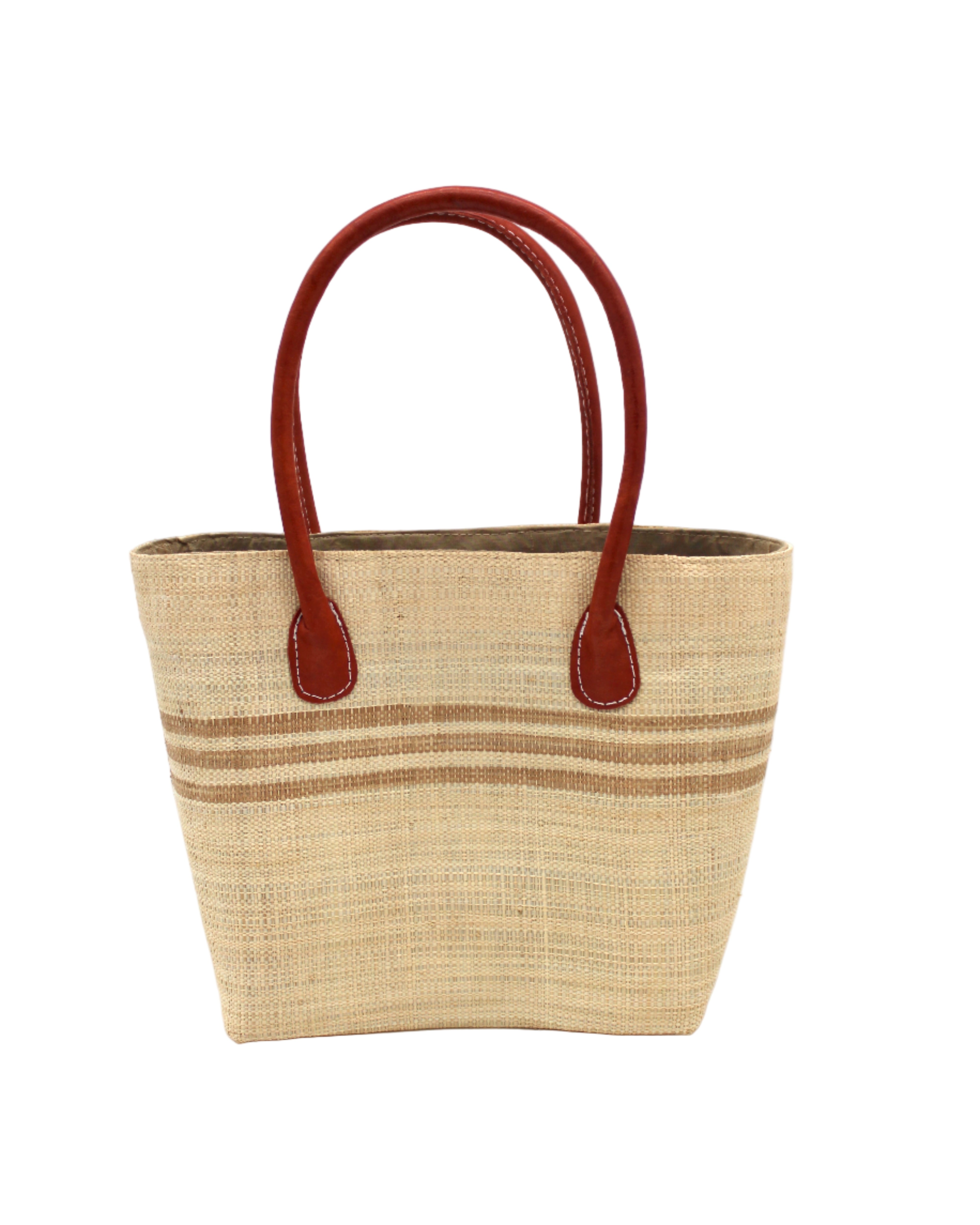 Raja Racing Stripe Straw Basket Bag handmade loomed natural raffia palm fiber in a two tone multicolor design of Natural straw color with three horizontal bands of Cappuccino tea/light/brown creating a racing stripe pattern placed under the base of the handles a third down the height of the bag - Shebobo