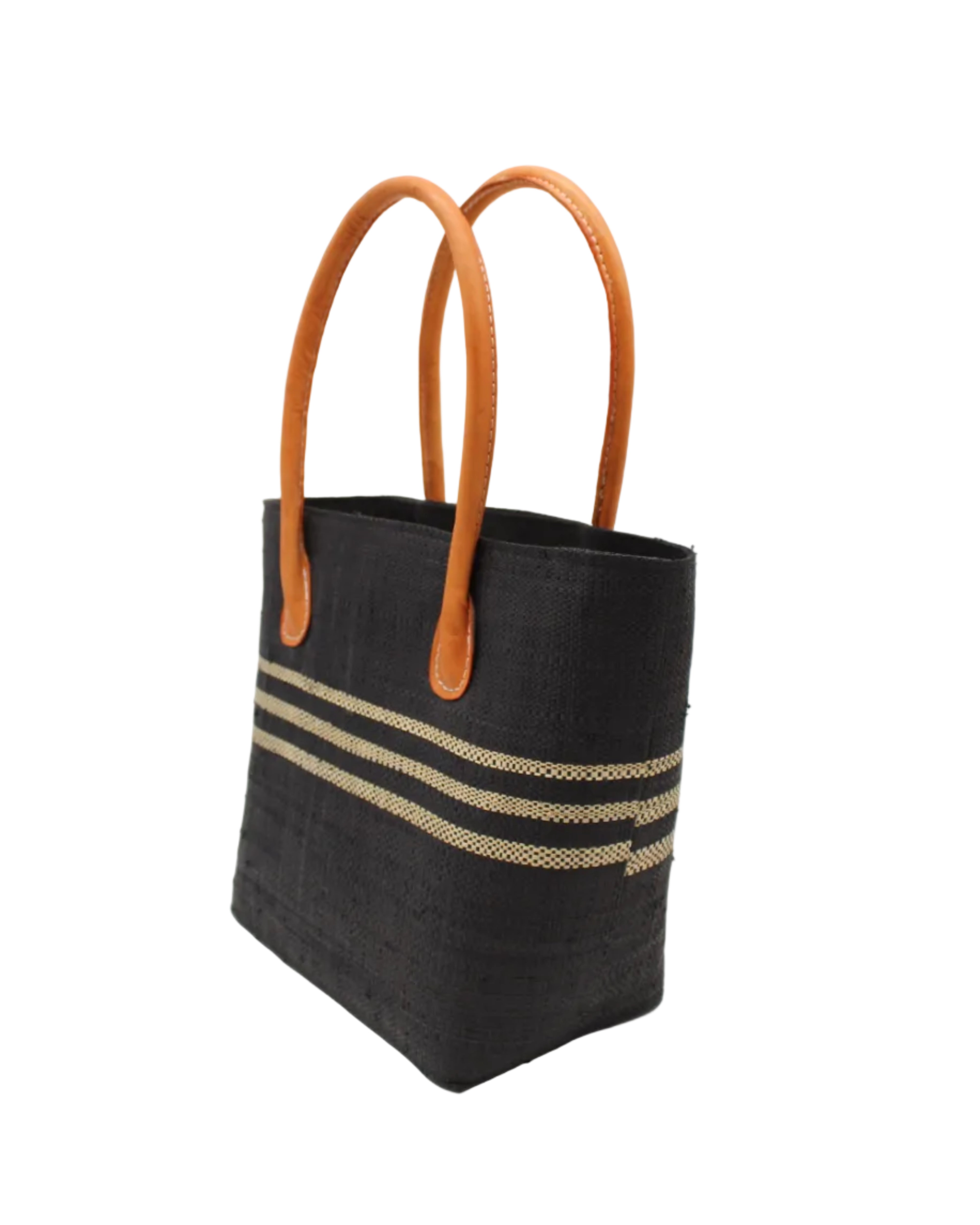 Side view Raja Racing Stripe Straw Basket Bag handmade loomed natural raffia palm fiber in a two tone multicolor design of Black color with three horizontal bands of Natural straw color creating a racing stripe pattern placed under the base of the handles a third down the height of the bag - Shebobo