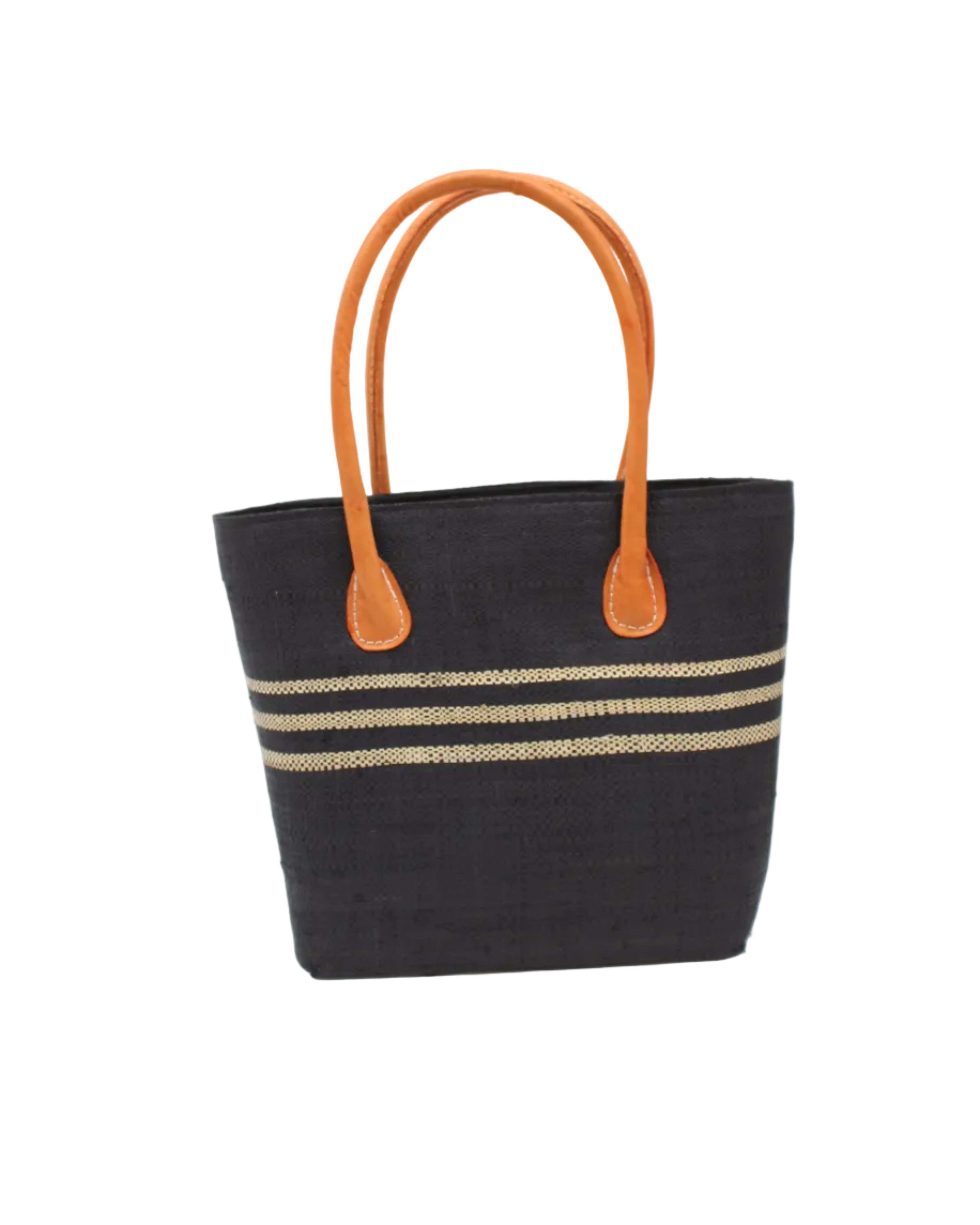 Raja Racing Stripe Straw Basket Bag handmade loomed natural raffia palm fiber in a two tone multicolor design of Black color with three horizontal bands of Natural straw color creating a racing stripe pattern placed under the base of the handles a third down the height of the bag - Shebobo