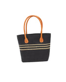 Raja Racing Stripe Straw Basket Bag handmade loomed natural raffia palm fiber in a two tone multicolor design of Black color with three horizontal bands of Natural straw color creating a racing stripe pattern placed under the base of the handles a third down the height of the bag - Shebobo