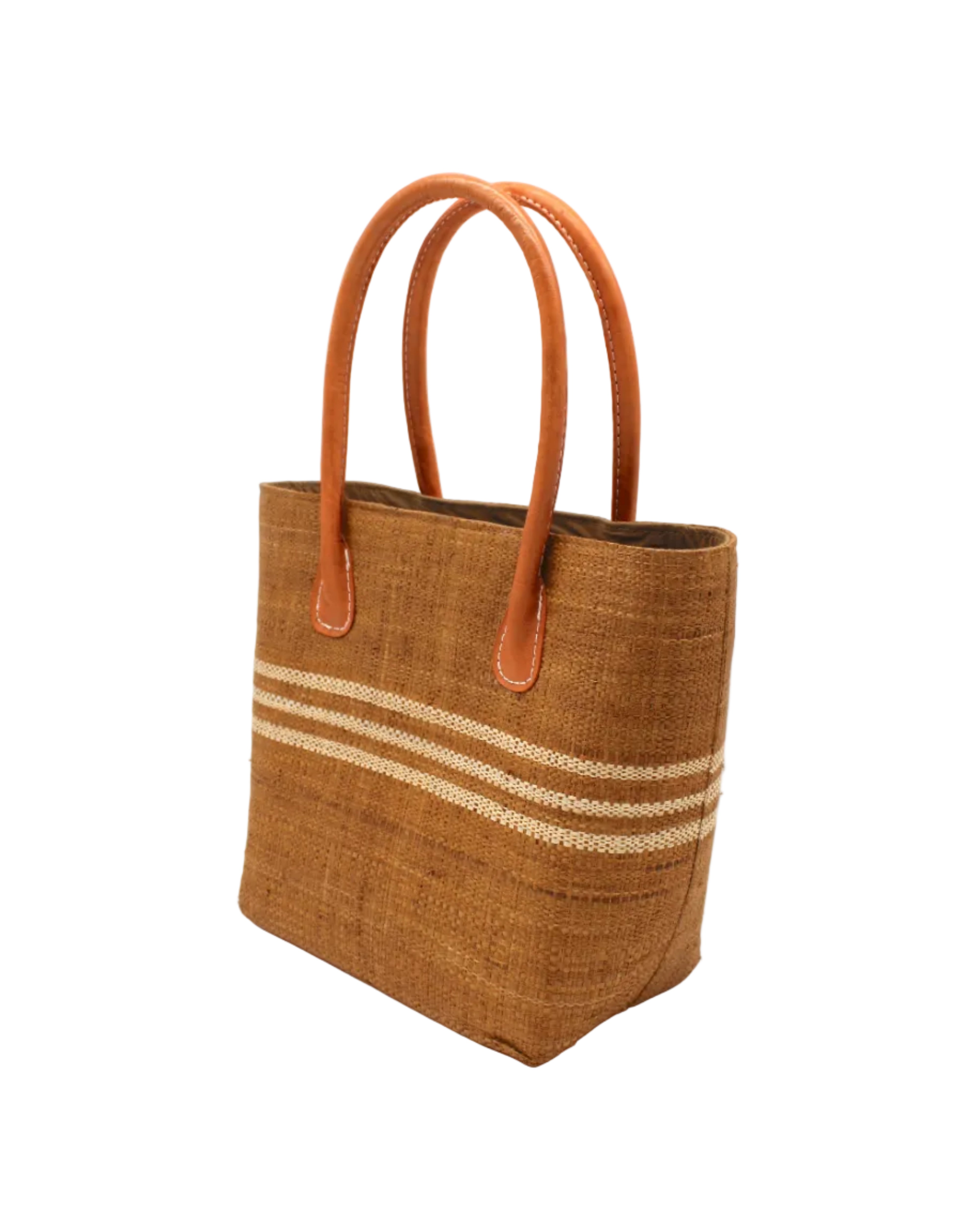 Side view Raja Racing Stripe Straw Basket Bag handmade loomed natural raffia palm fiber in a two tone multicolor design of Tobacco cinnamon/dark/brown color with three horizontal bands of Natural straw color creating a racing stripe pattern placed under the base of the handles a third down the height of the bag - Shebobo