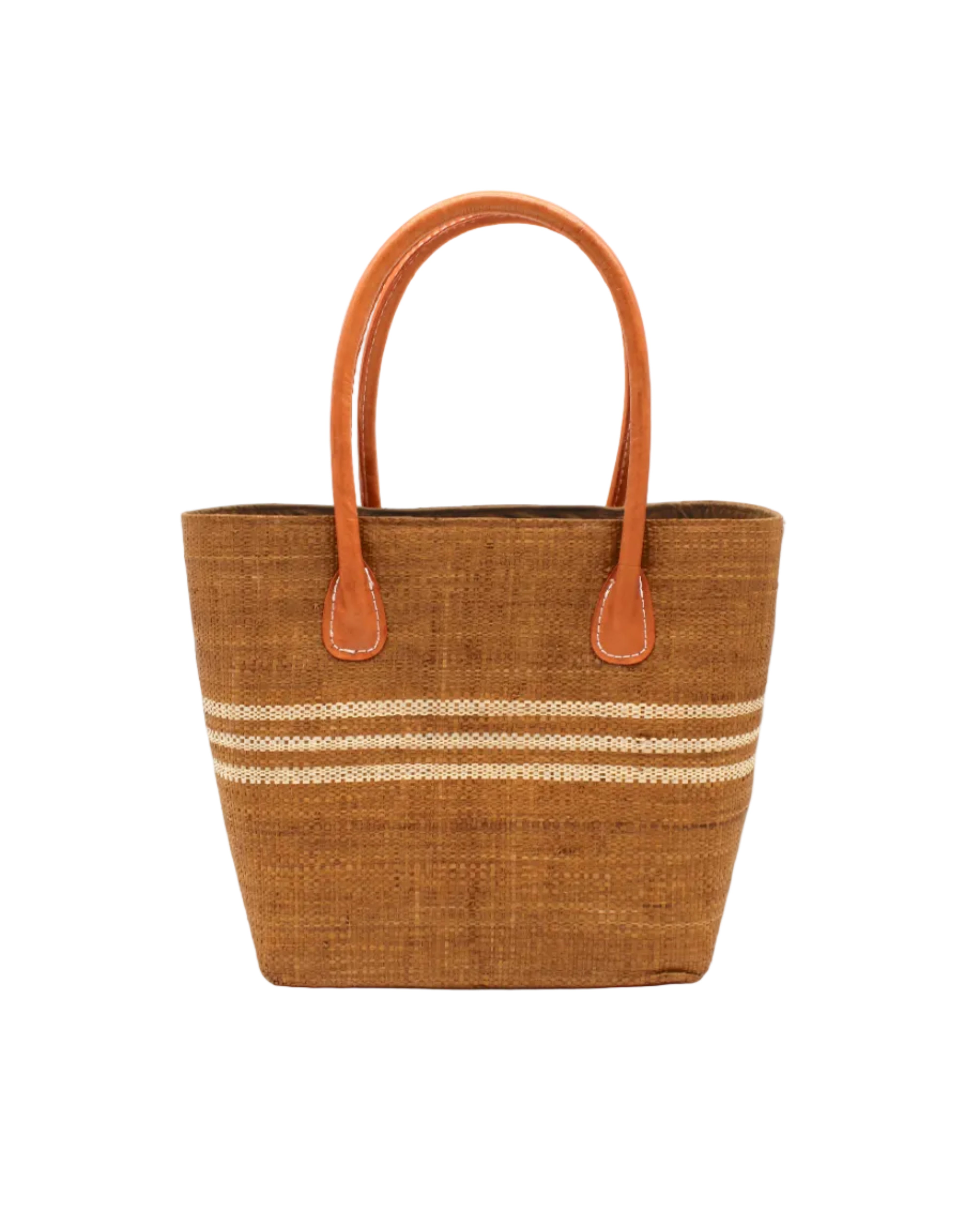 Raja Racing Stripe Straw Basket Bag handmade loomed natural raffia palm fiber in a two tone multicolor design of Tobacco cinnamon/dark/brown color with three horizontal bands of Natural straw color creating a racing stripe pattern placed under the base of the handles a third down the height of the bag - Shebobo
