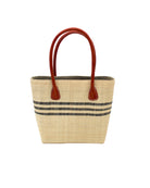 Raja Racing Stripe Straw Basket Bag handmade loomed natural raffia palm fiber in a two tone multicolor design of Natural straw color with three horizontal bands of Black creating a racing stripe pattern placed under the base of the handles a third down the height of the bag - Shebobo