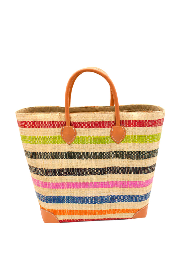 Rayo Stripes Straw Basket Bag Multi Stripe handmade loomed natural raffia palm fiber in a horizontal stripe pattern of even widths of natural straw color alternated with multiple colors of navy dark blue, fuchsia pink, black, lime green, red, orange, etc. handbag with leather handles tote beach bag - Shebobo