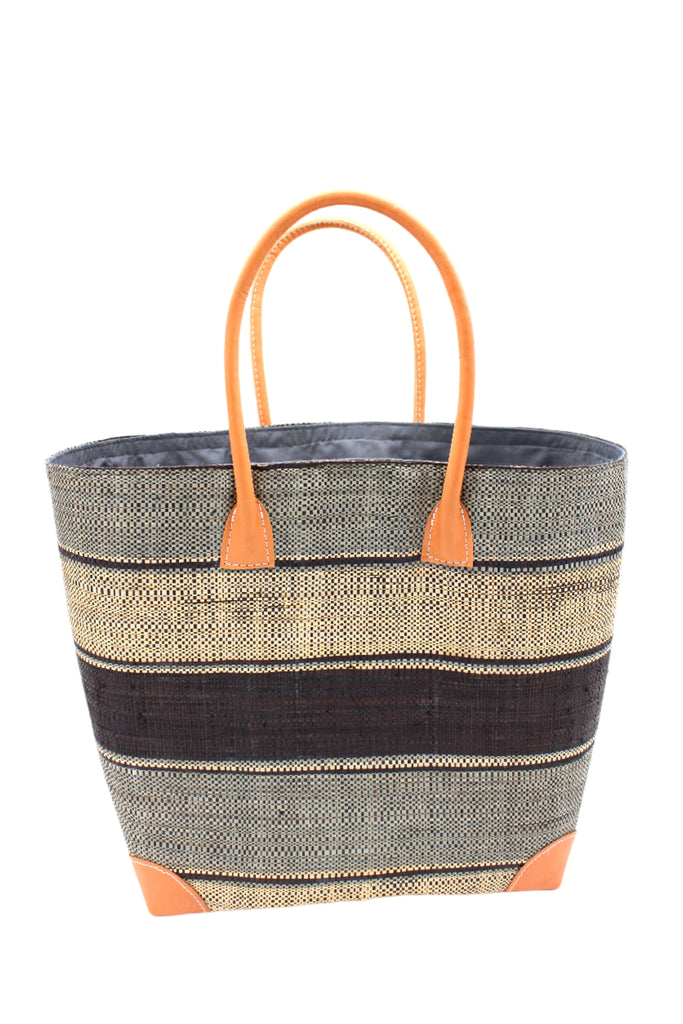 Rayo Stripes Straw Basket Bag Black Swirl Multicolor black, grey, and natural  straw color multiple width horizontal stripe pattern handmade loomed natural raffia palm fiber  tote beach bag - Shebobo