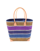 Rayo Stripes Straw Basket Bag Olive Purple Swirl handmade loomed natural raffia palm fiber in a multicolor multi width horizontal stripe pattern of navy blue, turquoise blue, olive green, purple, and natural straw color with leather handles and accents tote beach bag - Shebobo