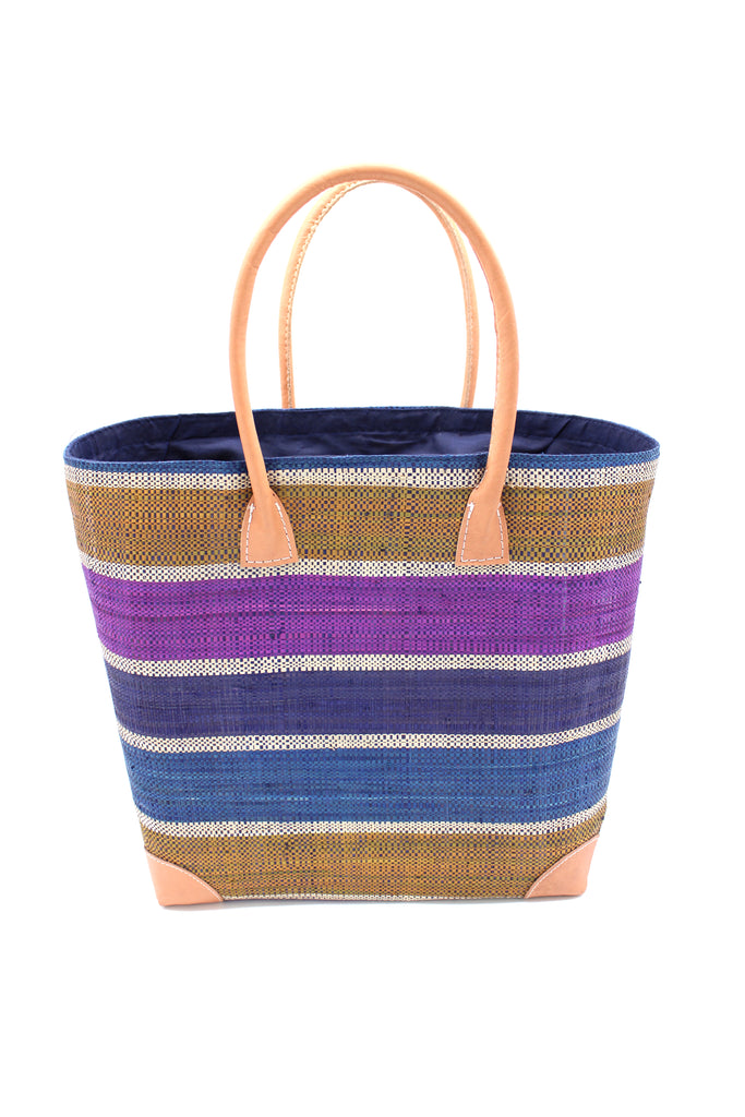 Rayo Stripes Straw Basket Bag Olive Purple Multicolor navy blue, turquoise blue, olive green, purple, and natural straw color multiple width horizontal stripe pattern handmade loomed natural raffia palm fiber  tote beach bag - Shebobo