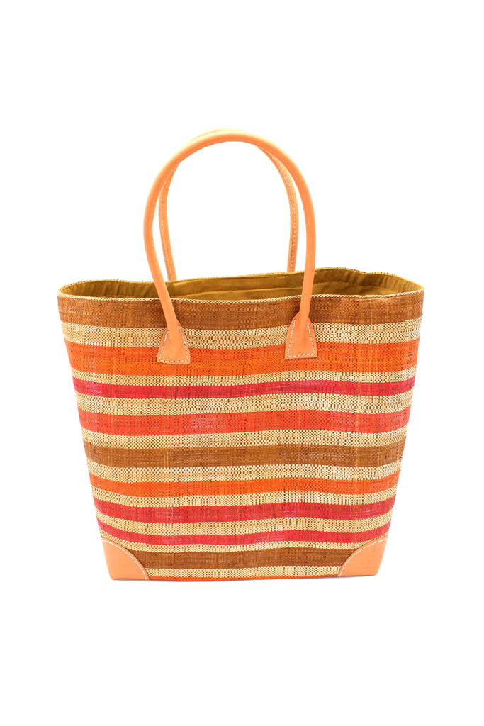 Rayo Stripes Straw Basket Bag Orange Cinnamon Multicolor orange, red, coral orange/red, cinnamon/tobacco/brown, and natural straw color multiple width horizontal stripe pattern handmade loomed natural raffia palm fiber  tote beach bag - Shebobo