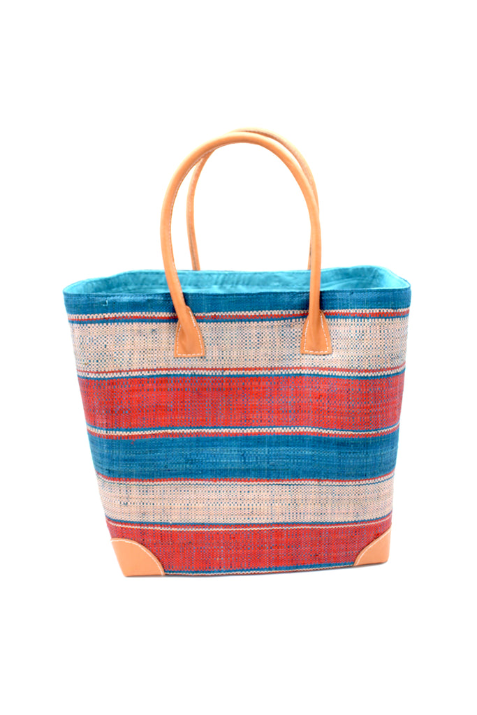 Rayo Stripes Straw Basket Bag Peach Turquoise Multicolor peach pink/orange, turquoise blue and natural straw color multiple width horizontal stripe pattern handmade loomed natural raffia palm fiber  tote beach bag - Shebobo