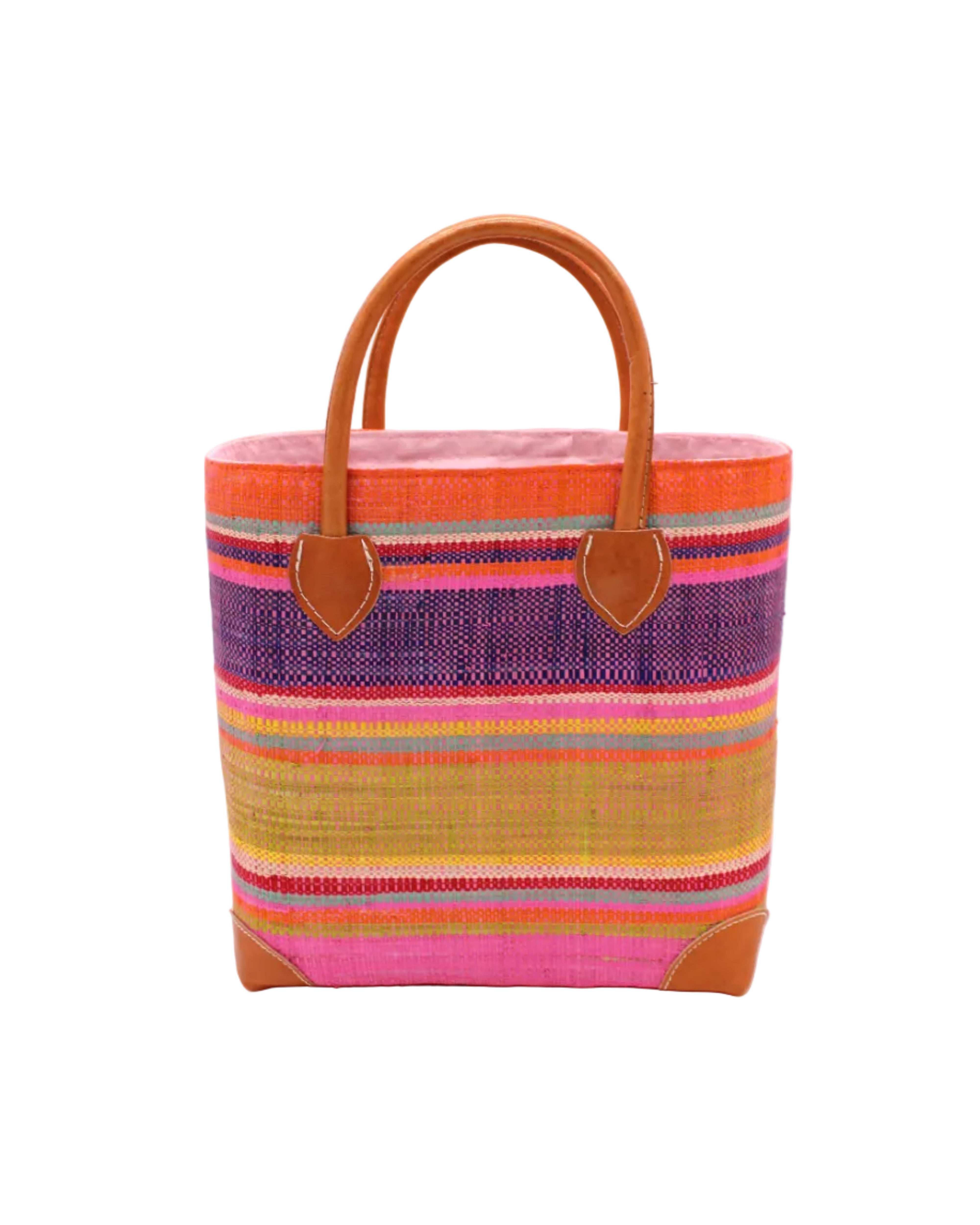 Rayo Stripes Straw Basket Bag Raspberry Swirl handmade loomed natural raffia palm fiber in a multicolor multi width horizontal stripe pattern of coral orange, red, purple, midori lime/green, light pink, yellow, blue, and natural straw color, etc. with leather handles and accents tote beach bag - Shebobo
