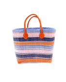 Rayo Stripes Straw Basket Bag Retro Stripe handmade loomed natural raffia palm fiber in a horizontal stripe pattern of multiple widths of natural straw color, denim/retro/light blue, navy/dark blue, baby pink, coral orange/red, etc. handbag with leather handles tote beach bag - Shebobo