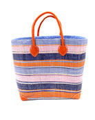 Rayo Stripes Straw Basket Bag Retro Stripe handmade loomed natural raffia palm fiber in a horizontal stripe pattern of multiple widths of natural straw color, denim/retro/light blue, navy/dark blue, baby pink, coral orange/red, etc. handbag with leather handles tote beach bag - Shebobo