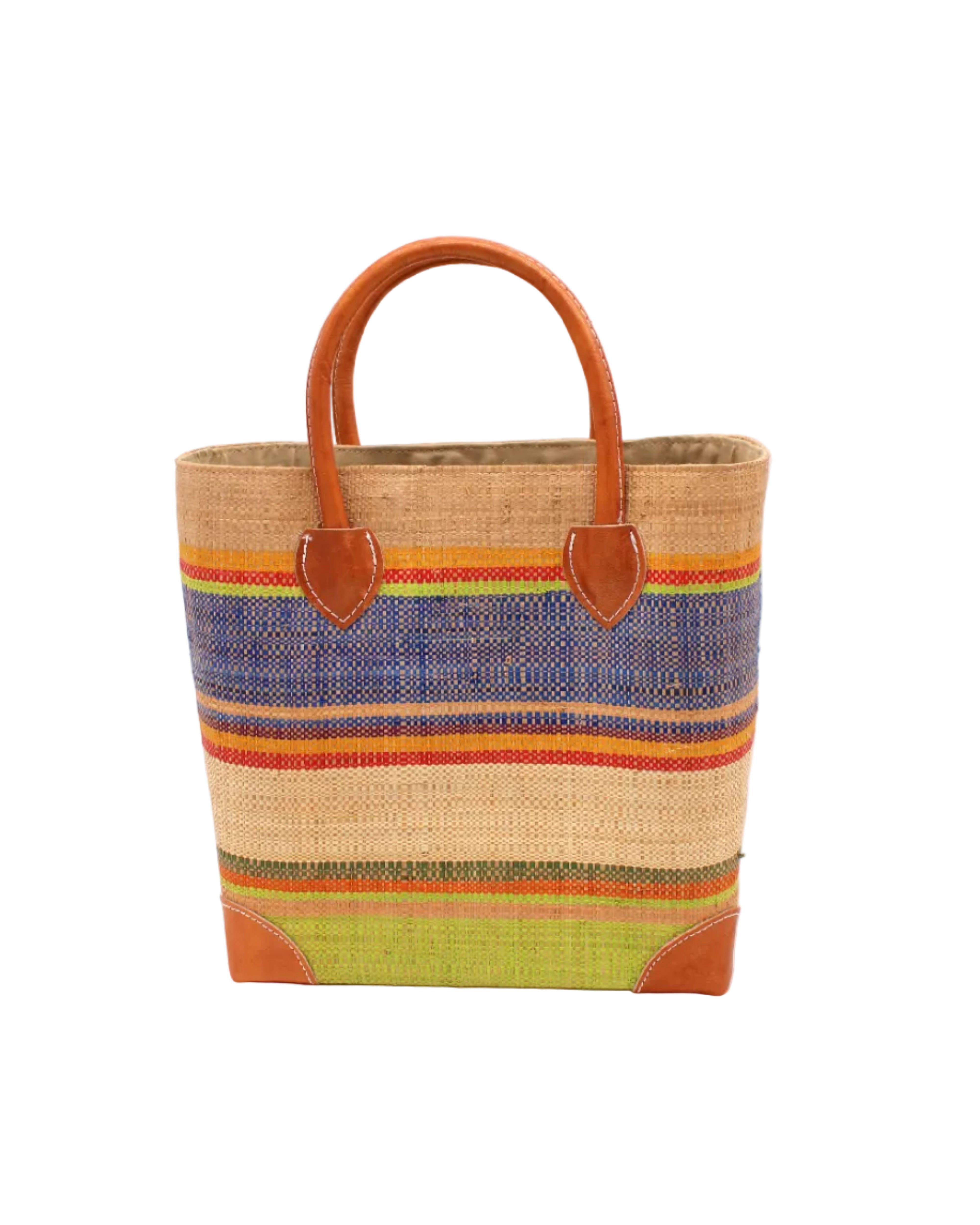 Rayo Stripes Straw Basket Bag Rio Swirl handmade loomed natural raffia palm fiber in a multicolor multi width horizontal stripe pattern of midori lime/green, navy dark/blue, coral orange/red, saffron yellow/orange, red, martini olive/green, purple, red, and natural straw color with leather handles and accents tote beach bag - Shebobo