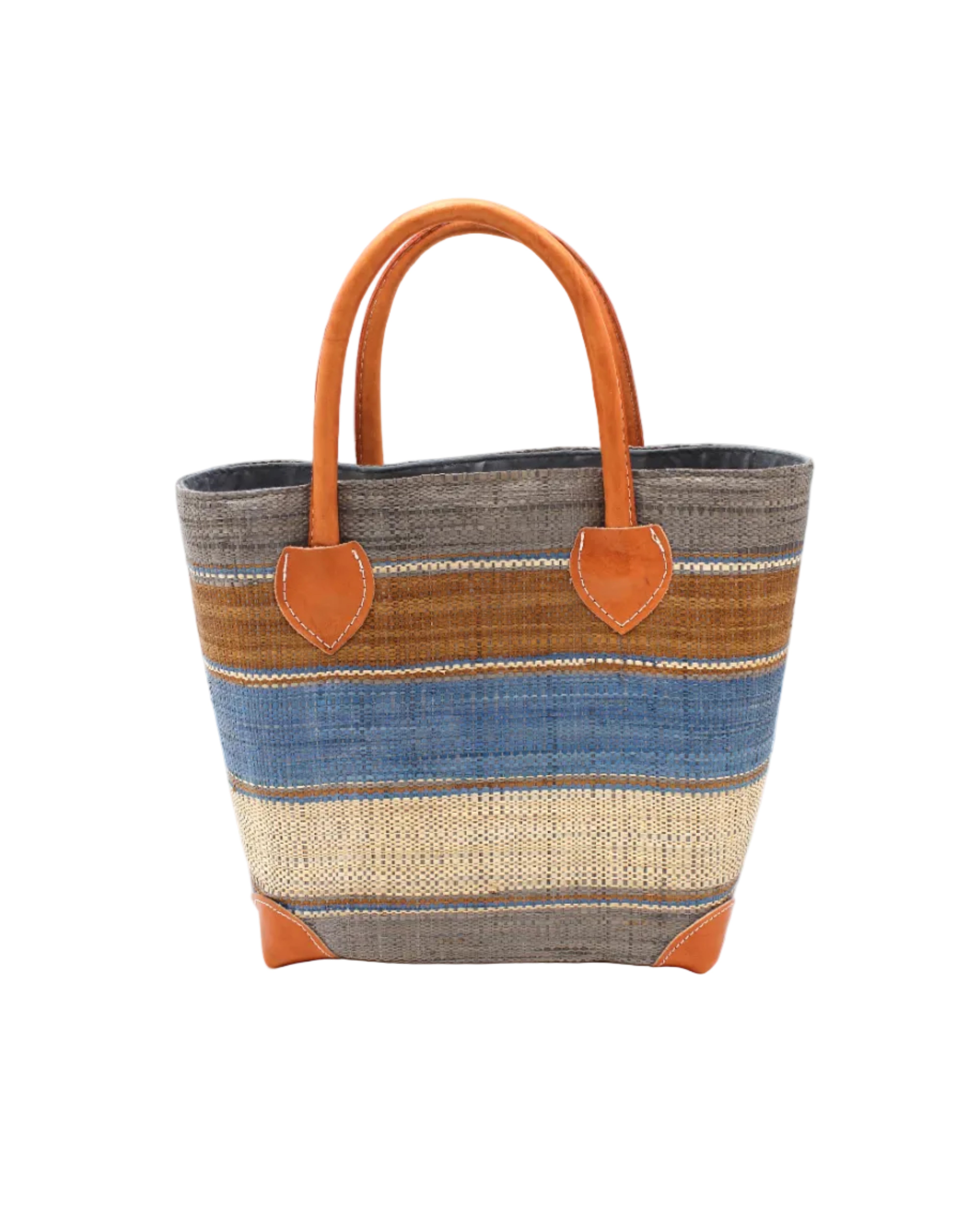 Rayo Stripes Straw Basket Bag Tobacco Swirl handmade loomed natural raffia palm fiber in a multicolor multi width horizontal stripe pattern of grey, tobacco cinnamon/dark/brown, denim retro/light/blue and natural straw color with leather handles and accents tote beach bag - Shebobo