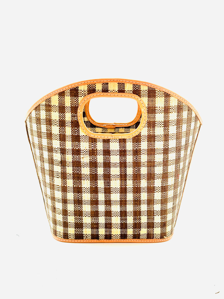Ricky cinnamon/tobacco/brown and natural straw colored loomed raffia gingham pattern bucket shaped handbag with leather finishings purse bag - Shebobo