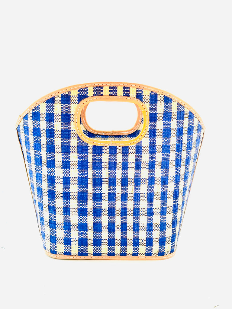 Ricky blue and natural straw colored loomed raffia gingham pattern bucket shaped handbag with leather finishings purse bag - Shebobo
