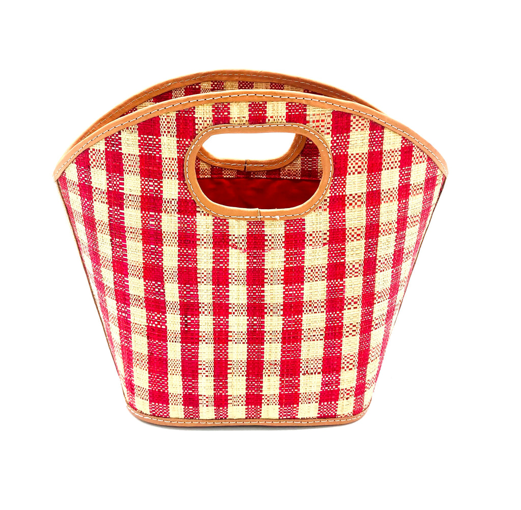 Ricky Gingham Straw Bucket Handbag Handmade loomed raffia red and natural petite gingham pattern raffia purse bag with leather finishing - Shebobo