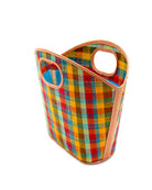 Side View Ricky Hamptons yellow, mint, turquoise, olive, red multicolor loomed raffia gingham pattern bucket shape handbag purse with leather details - Shebobo