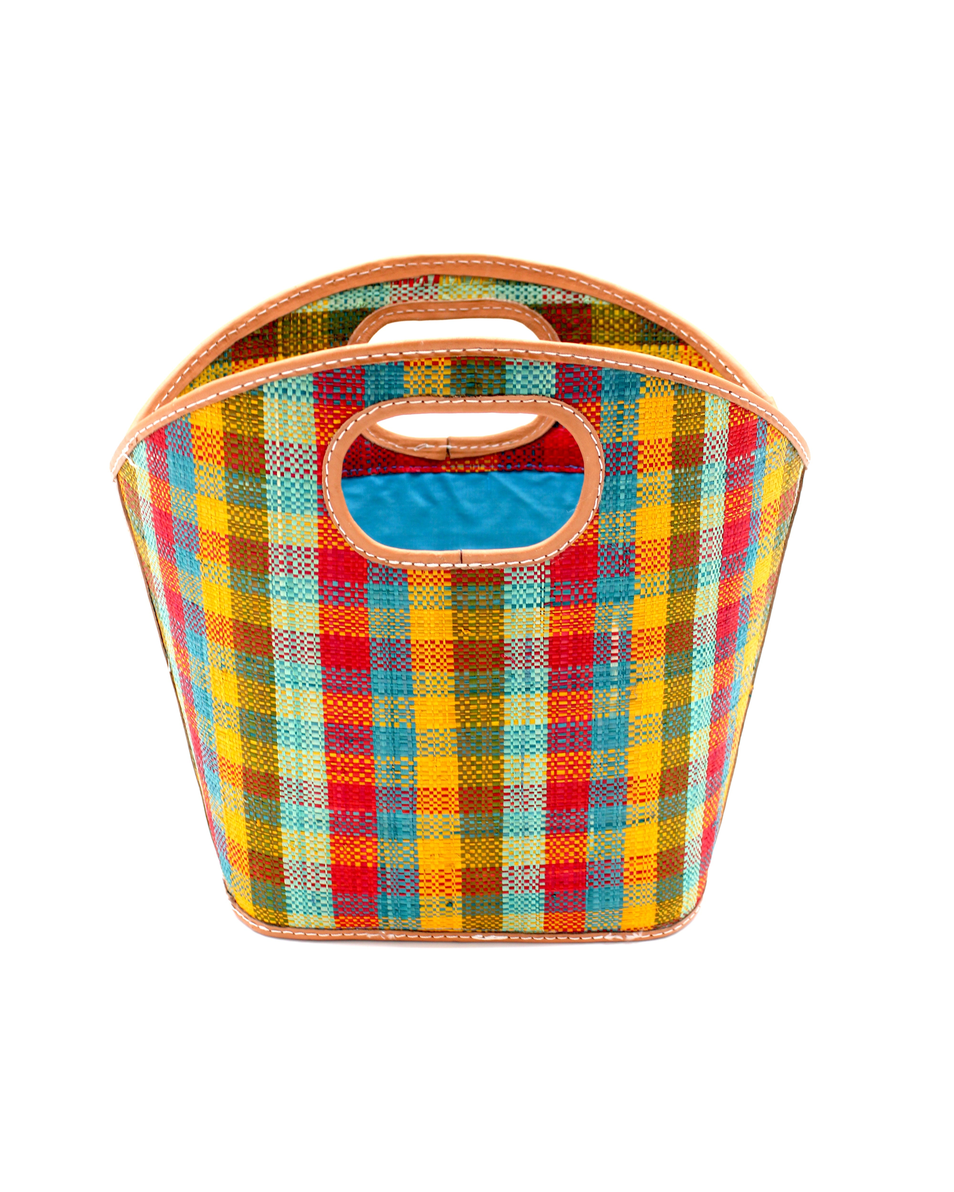 Ricky Hamptons yellow, mint, turquoise, olive, red multicolor loomed raffia gingham pattern bucket shape handbag purse with leather details - Shebobo