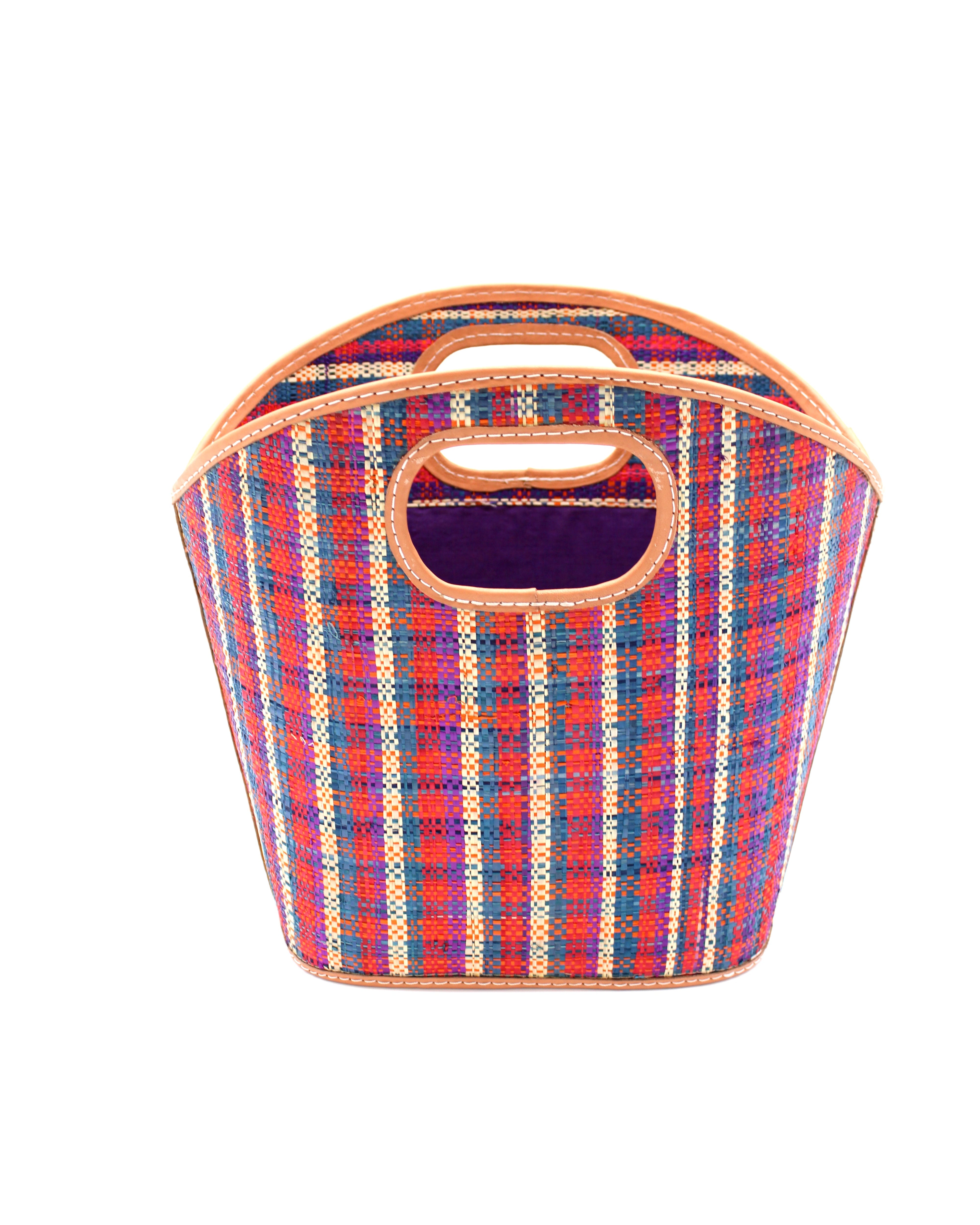 Ricky Hatteras red, natural, turquoise, navy blue, etc. multicolor loomed raffia gingham pattern bucket shape handbag purse with leather details - Shebobo