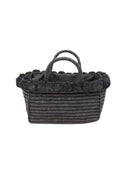 Rico Black Crochet Rectangle Straw Basket handmade woven raffia palm fiber in a solid hue of black with horizontal bands of looped texture with matching small raffia pouf pompom top edge and wrapped braid handles small handbag purse - Shebobo