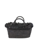 Rico Black Crochet Rectangle Straw Basket handmade woven raffia palm fiber in a solid hue of black with horizontal bands of looped texture with matching small raffia pouf pompom top edge and wrapped braid handles small handbag purse - Shebobo