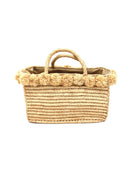 Rico Natural Crochet Rectangle Straw Basket handmade woven raffia palm fiber in a solid hue of natural straw color with horizontal bands of looped texture with matching small raffia pouf pompom top edge and wrapped braid handles small handbag purse - Shebobo