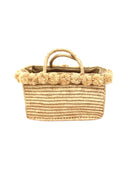 Rico Natural Crochet Rectangle Straw Basket handmade woven raffia palm fiber in a solid hue of natural straw color with horizontal bands of looped texture with matching small raffia pouf pompom top edge and wrapped braid handles small handbag purse - Shebobo