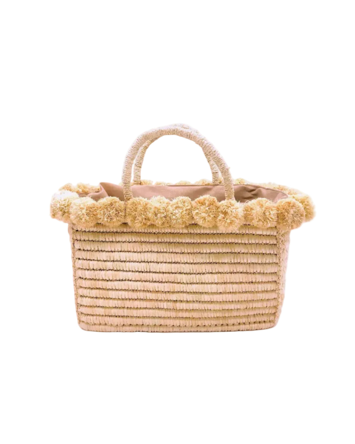 Rico Natural Crochet Rectangle Straw Basket handmade woven raffia palm fiber in a solid hue of natural straw color with horizontal bands of looped texture with matching small raffia pouf pompom top edge and wrapped braid handles small handbag purse - Shebobo
