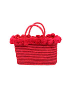 Rico Red Crochet Rectangle Straw Basket handmade woven raffia palm fiber in a solid hue of red with horizontal bands of looped texture with matching small raffia pouf pompom top edge and wrapped braid handles small handbag purse - Shebobo