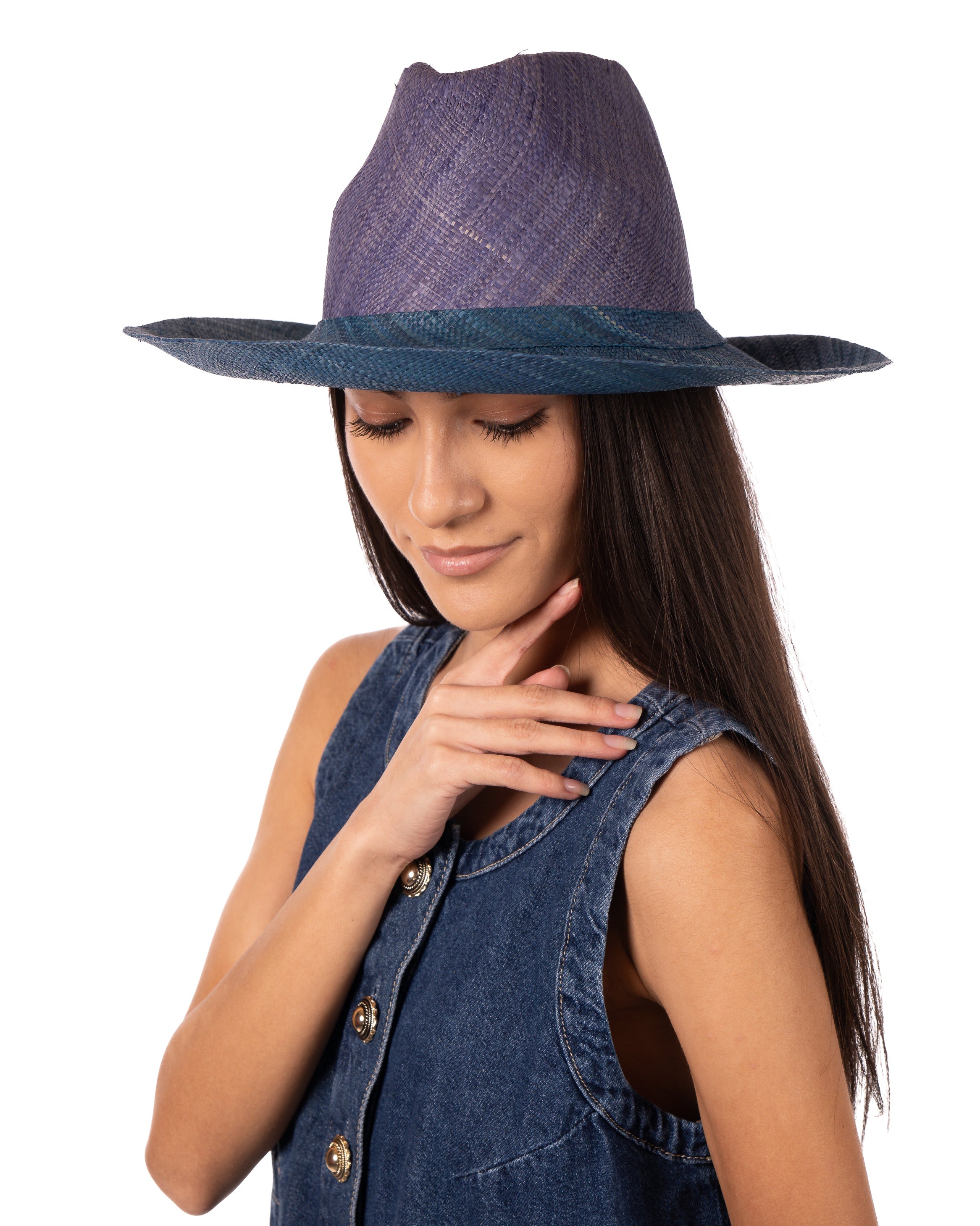 Model wearing Riley 3" Brim Panama Unisex Two Tone Straw Hats handmade loomed raffia palm fiber in a solid hue of denim retro/light/blue on the crown and solid turquoise blue/green on the brim with matching attached hat band lightweight breathable uv/sun protection straw sun hat - Shebobo