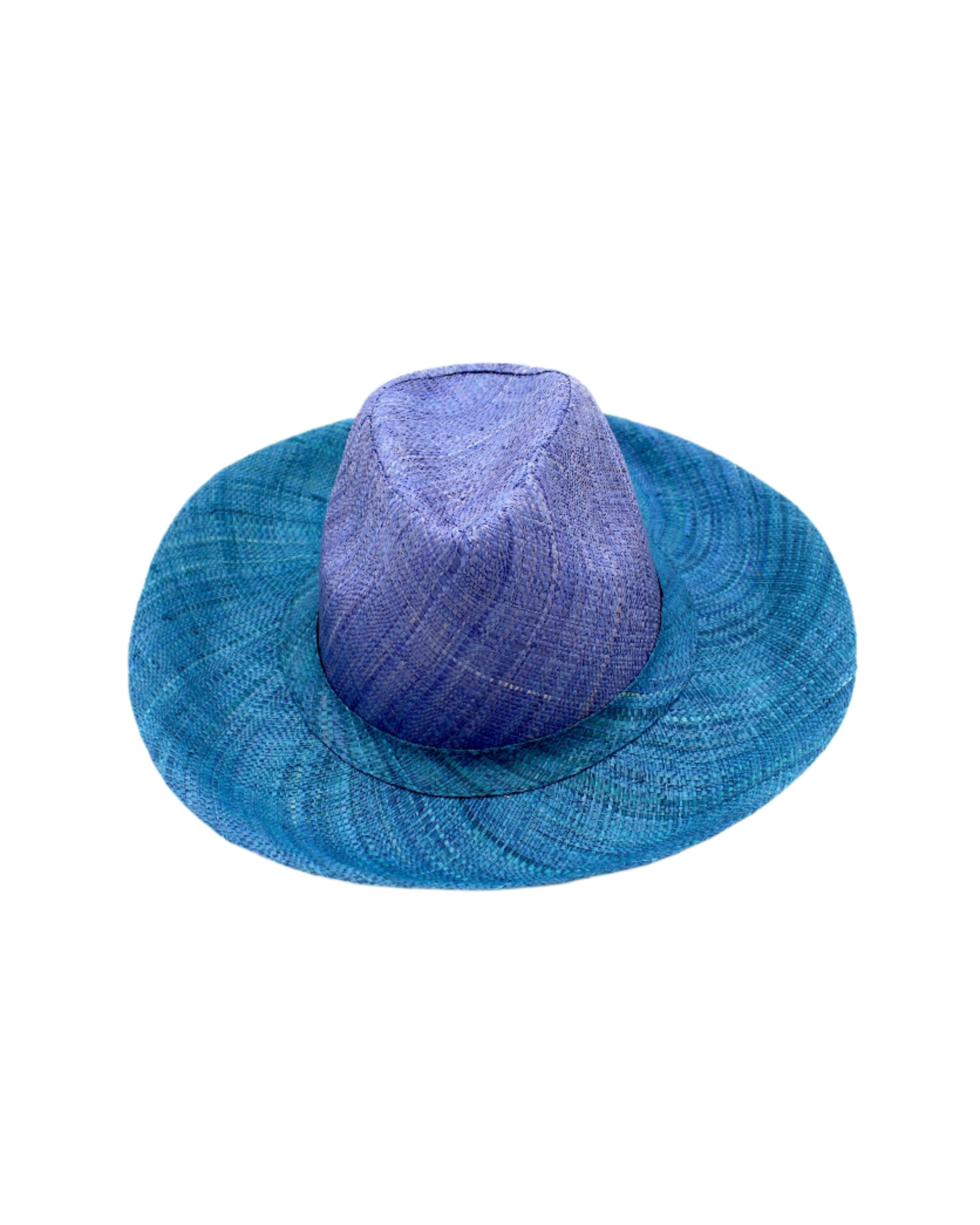 Riley 3" Brim Panama Unisex Two Tone Straw Hats handmade loomed raffia palm fiber in a solid hue of denim retro/light/blue on the crown and solid turquoise blue/green on the brim with matching attached hat band lightweight breathable uv/sun protection straw sun hat - Shebobo