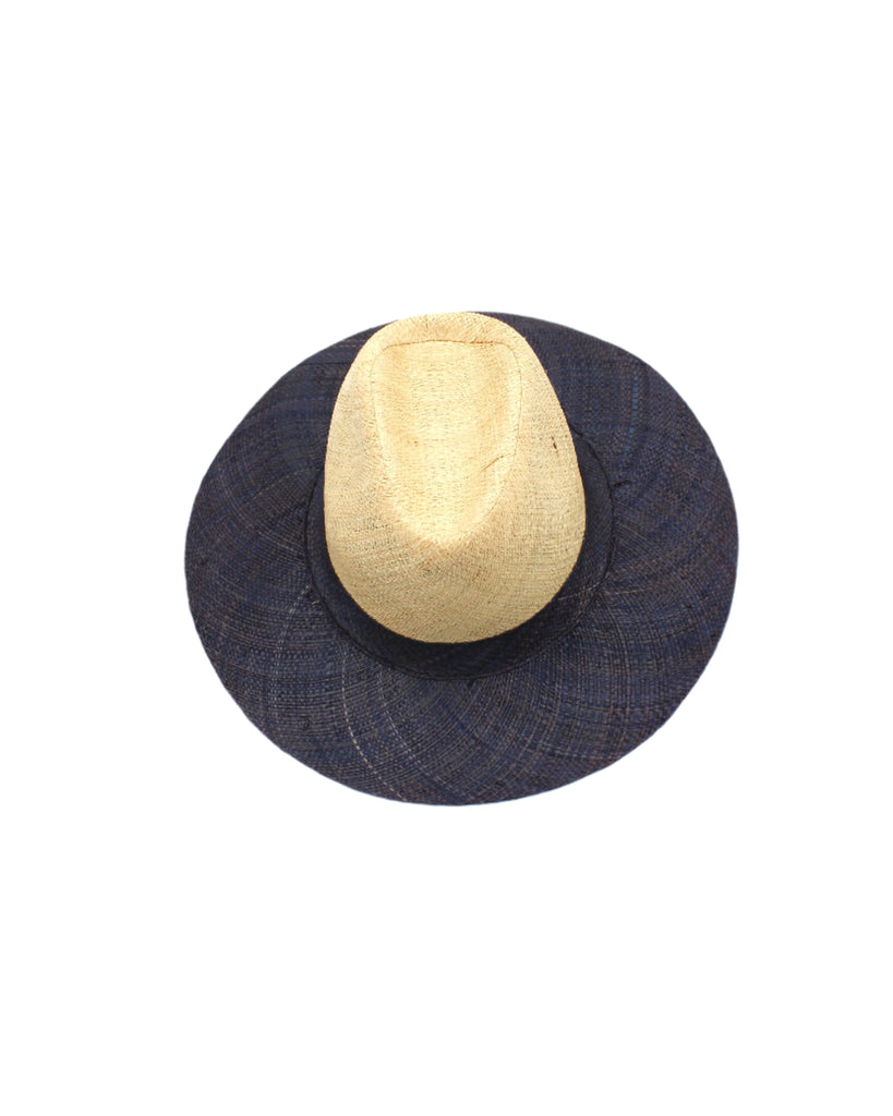 Riley 3" Brim Panama Unisex Two Tone Straw Hats handmade loomed raffia palm fiber in a solid hue of natural straw color on the crown and solid black on the brim with matching attached hat band lightweight breathable uv/sun protection straw sun hat - Shebobo