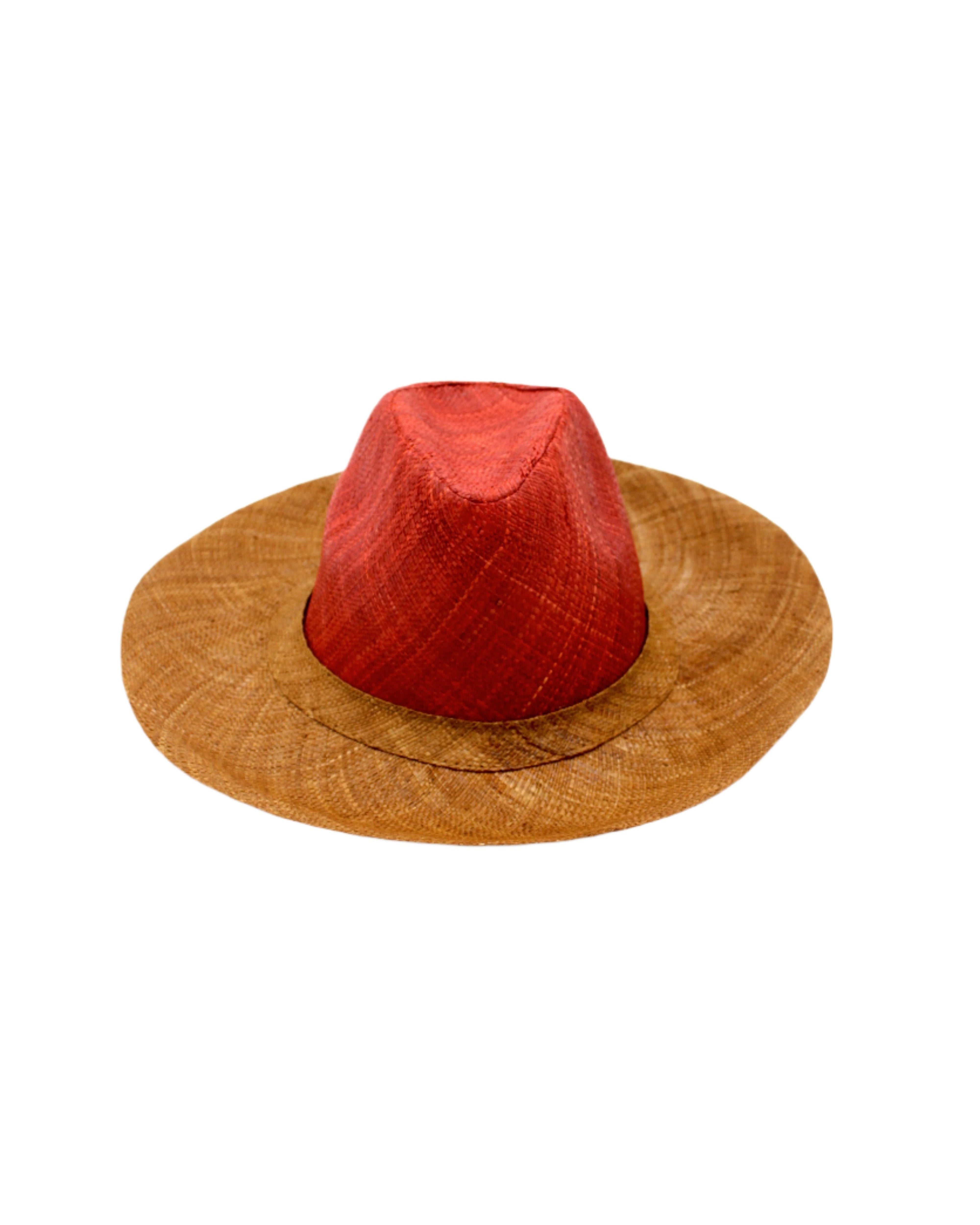 Riley 3" Brim Panama Unisex Two Tone Straw Hats handmade loomed raffia palm fiber in a solid hue of cinnamon/tobacco/dark/brown on the crown and solid whisky caramel/red/brown on the brim with matching attached hat band lightweight breathable uv/sun protection straw sun hat - Shebobo