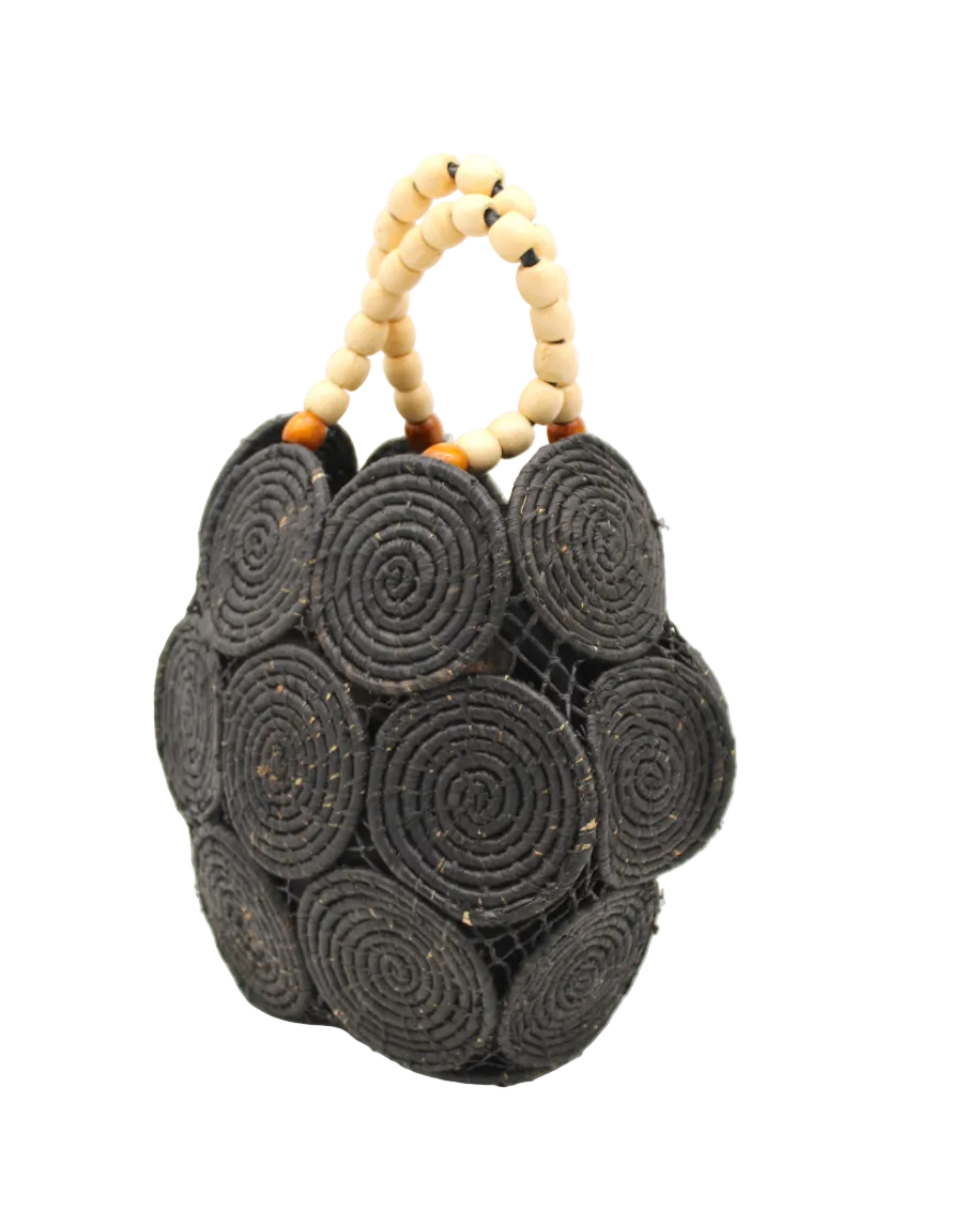 Side view Romy Black Crochet Disc Straw Handbag with Wooden Bead Handles handmade natural raffia palm fiber in a solid hue of black in a crochet coiled circular flat disc attached together with macrame knot technique with a geometric hexagonal overall shape with seven discs per side two above and below a horizontal row of three per side and a single row comprising the side of the bag with beige carved round wooden beaded handles purse - Shebobo