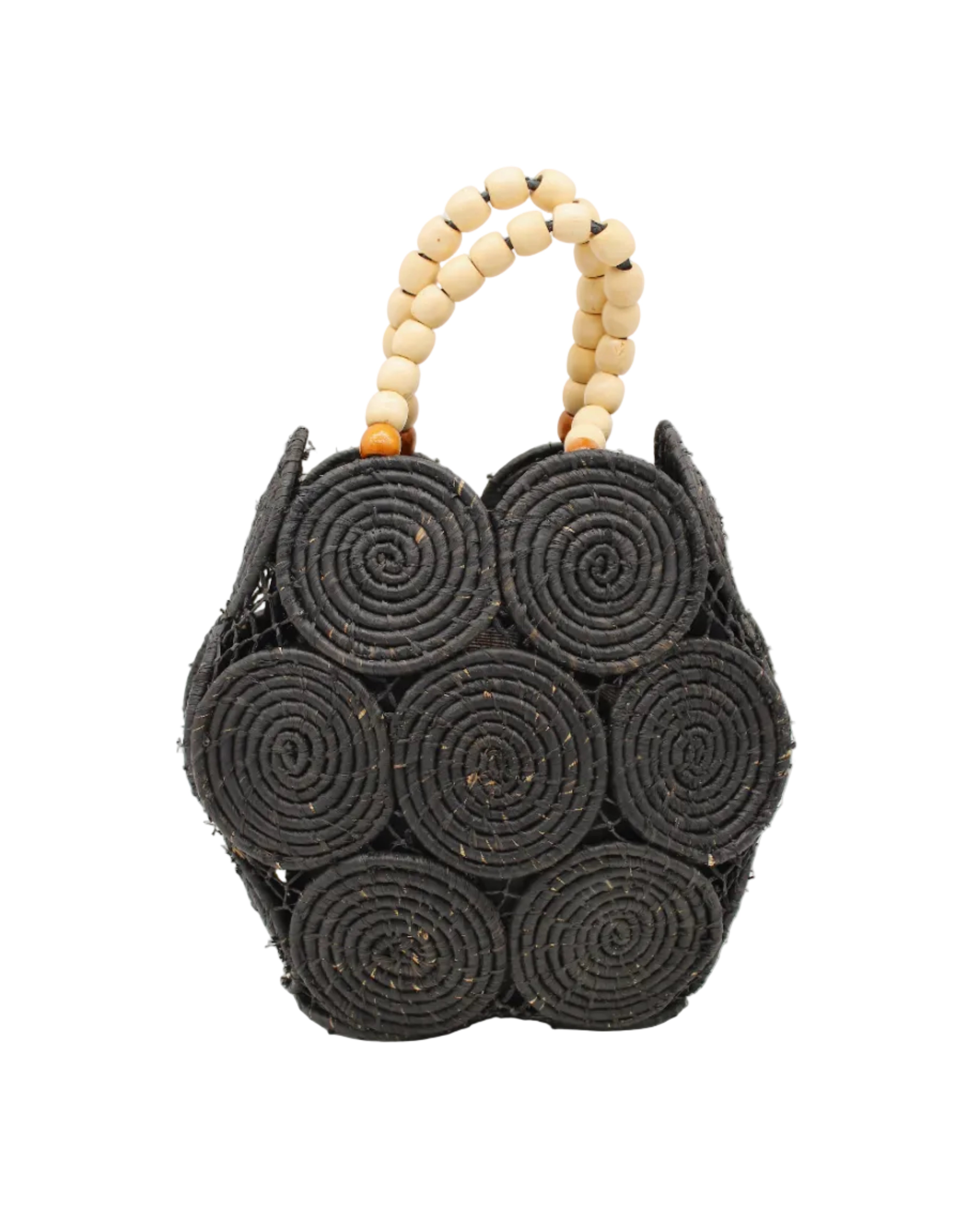 Romy Black Crochet Disc Straw Handbag with Wooden Bead Handles handmade natural raffia palm fiber in a solid hue of black in a crochet coiled circular flat disc attached together with macrame knot technique with a geometric hexagonal overall shape with seven discs per side two above and below a horizontal row of three per side and a single row comprising the side of the bag with beige carved round wooden beaded handles purse - Shebobo