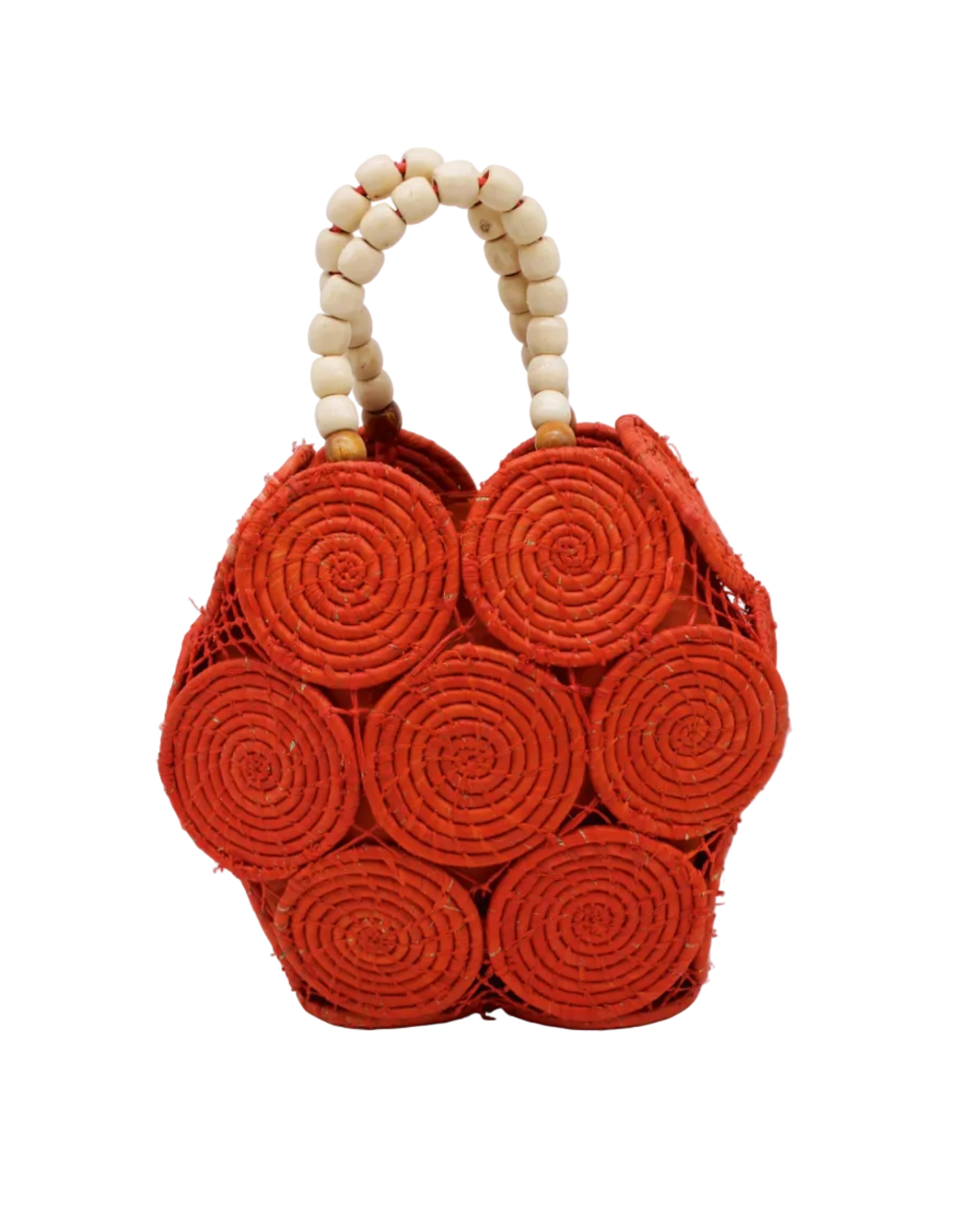 Romy Coral Crochet Disc Straw Handbag with Wooden Bead Handles handmade natural raffia palm fiber in a solid hue of coral orange/red in a crochet coiled circular flat disc attached together with macrame knot technique with a geometric hexagonal overall shape with seven discs per side two above and below a horizontal row of three per side and a single row comprising the side of the bag with beige carved round wooden beaded handles purse - Shebobo