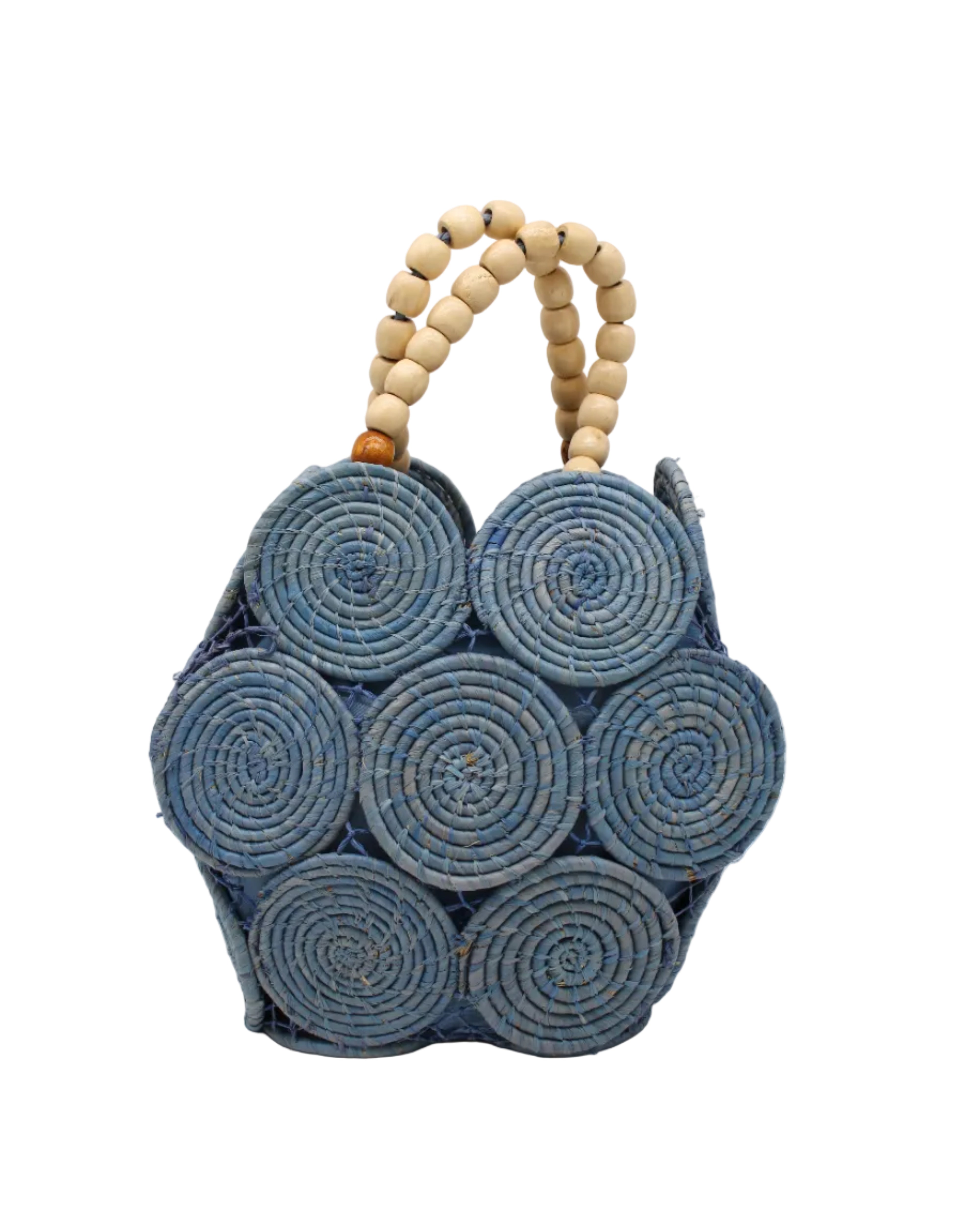 Romy Denim Crochet Disc Straw Handbag with Wooden Bead Handles handmade natural raffia palm fiber in a solid hue of denim retro/light/blue in a crochet coiled circular flat disc attached together with macrame knot technique with a geometric hexagonal overall shape with seven discs per side two above and below a horizontal row of three per side and a single row comprising the side of the bag with beige carved round wooden beaded handles purse - Shebobo