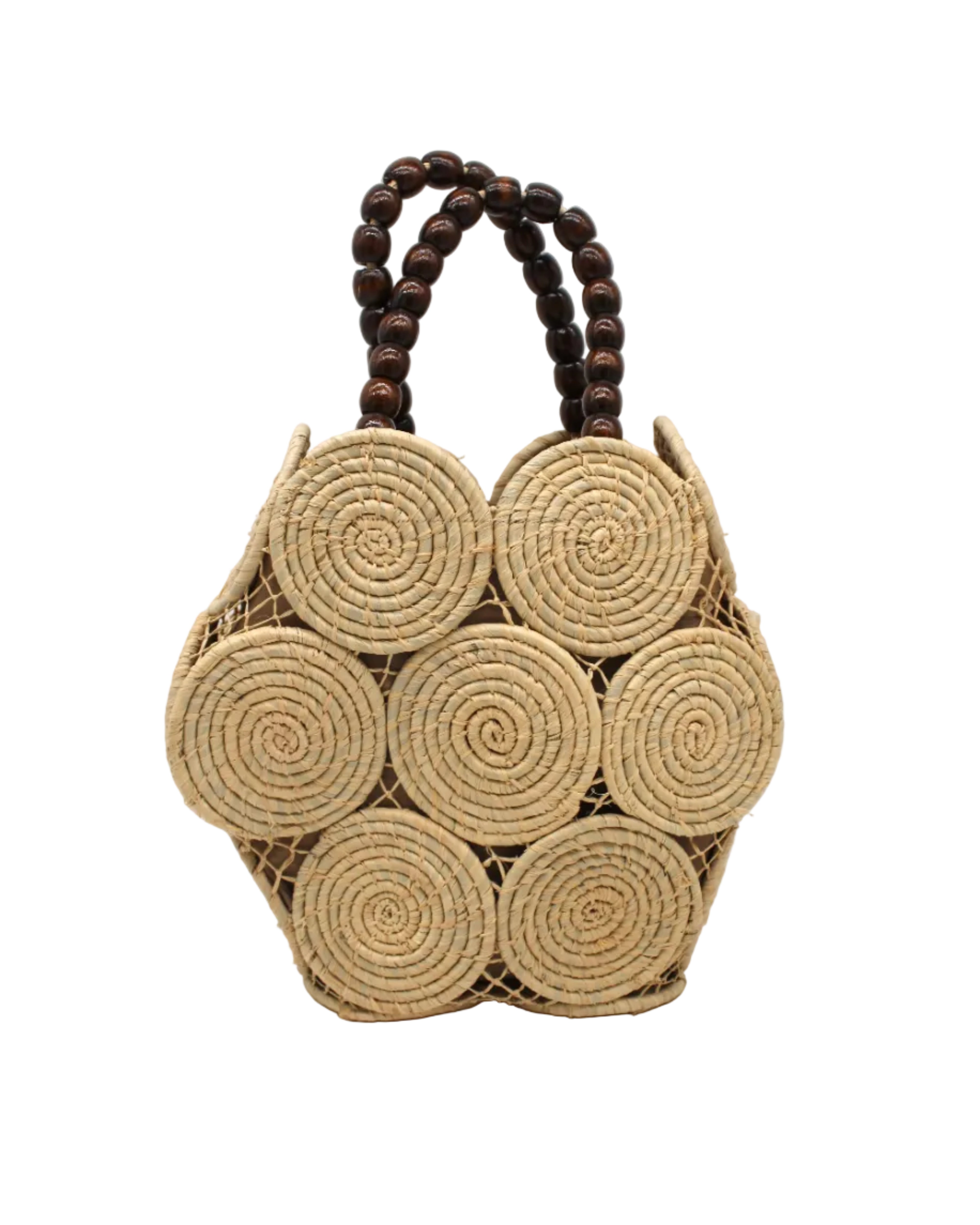 Romy Natural Crochet Disc Straw Handbag with Wooden Bead Handles handmade natural raffia palm fiber in a solid hue of natural straw color  in a crochet coiled circular flat disc attached together with macrame knot technique with a geometric hexagonal overall shape with seven discs per side two above and below a horizontal row of three per side and a single row comprising the side of the bag with dark brown carved round wooden beaded handles purse - Shebobo