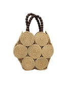 Romy Natural Crochet Disc Straw Handbag with Wooden Bead Handles handmade natural raffia palm fiber in a solid hue of natural straw color  in a crochet coiled circular flat disc attached together with macrame knot technique with a geometric hexagonal overall shape with seven discs per side two above and below a horizontal row of three per side and a single row comprising the side of the bag with dark brown carved round wooden beaded handles purse - Shebobo