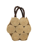 Romy Natural Crochet Disc Straw Handbag with Wooden Bead Handles handmade natural raffia palm fiber in a solid hue of natural straw color  in a crochet coiled circular flat disc attached together with macrame knot technique with a geometric hexagonal overall shape with seven discs per side two above and below a horizontal row of three per side and a single row comprising the side of the bag with dark brown carved round wooden beaded handles purse - Shebobo
