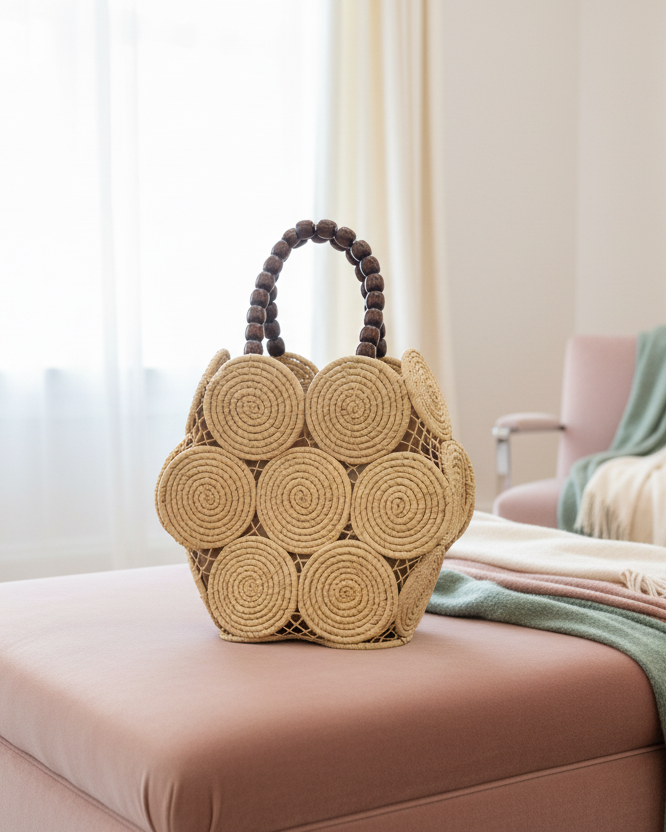 Lifestyle view Romy Natural Crochet Disc Straw Handbag with Wooden Bead Handles handmade natural raffia palm fiber in a solid hue of natural straw color  in a crochet coiled circular flat disc attached together with macrame knot technique with a geometric hexagonal overall shape with seven discs per side two above and below a horizontal row of three per side and a single row comprising the side of the bag with dark brown carved round wooden beaded handles purse - Shebobo