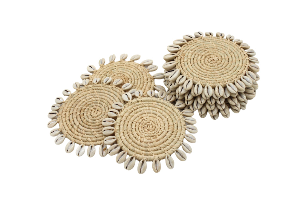 Round Crochet Natural Raffia Straw Coasters handmade woven raffia palm fiber in a solid hue of natural straw color with coiled loop texture discs with cowrie shell edge embellishment set of six - Shebobo