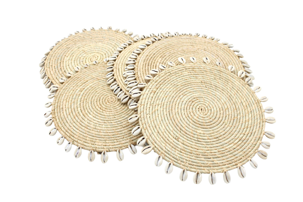 Round Crochet Natural Raffia Straw Placemats handmade woven raffia palm fiber in a solid hue of natural straw color with coiled loop texture discs with cowrie shell edge embellishment set of six - Shebobo