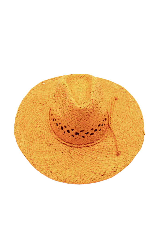 Macho Saffron Unisex Straw Cowboy Hat with Adjustable Wire Rim handmade woven raffia in a solid hue of saffron yellow/orange straw in a structured crown style with open weave pattern for breathability and pliable wire rim with matching twisted cord hat band - Shebobo