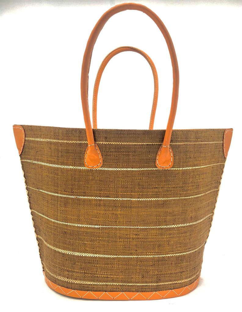 Santa Cruz Cinnamon Pinstripes Small Straw Tote Bag handmade loomed raffia in a horizontal pinstripe pattern of wide bands of cinnamon/tobacco/brown with narrow natural bands handbag with leather handles and accents  - Shebobo