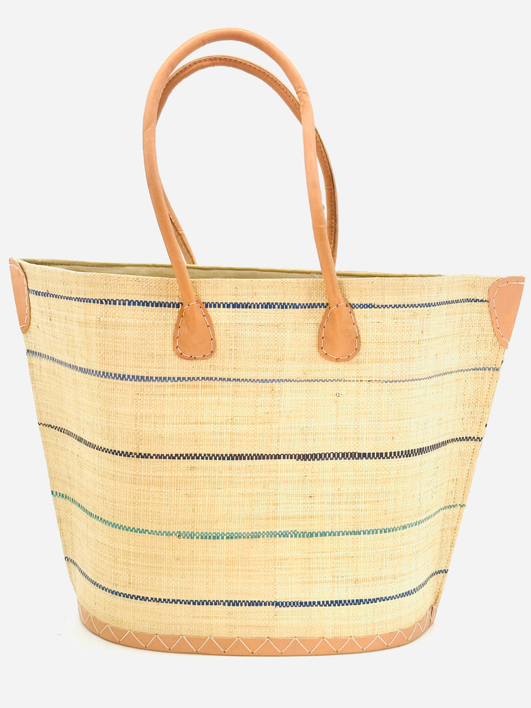 Santa Cruz Blues Pinstripes Small Straw Tote Bag handmade loomed raffia in a wide stripe of natural straw color with multicolor blue thin stripes of navy, light, turquoise, and seafoam in a horizontal pinstripe pattern handbag with leather handles and details beach bag - Shebobo