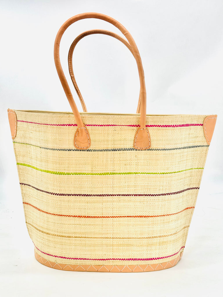 Santa Cruz Brights Pinstripes Small Straw Tote Bag handmade loomed raffia in a wide stripe of natural straw color with multicolor thin stripes of fuchsia pink, grey, lime green, bordeaux red, coral red/orang, and tea brown in a horizontal pinstripe pattern handbag with leather handles and details beach bag - Shebobo